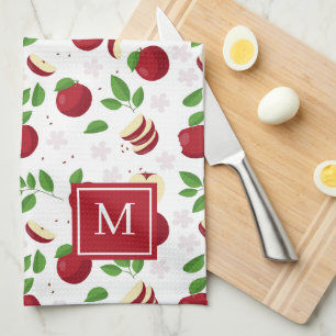 Röda äpplen, Blommar Grey Monogrammed Initial Kökshandduk