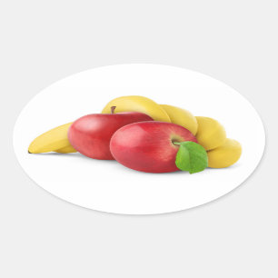 Röda äpplen och bananer ovalt klistermärke