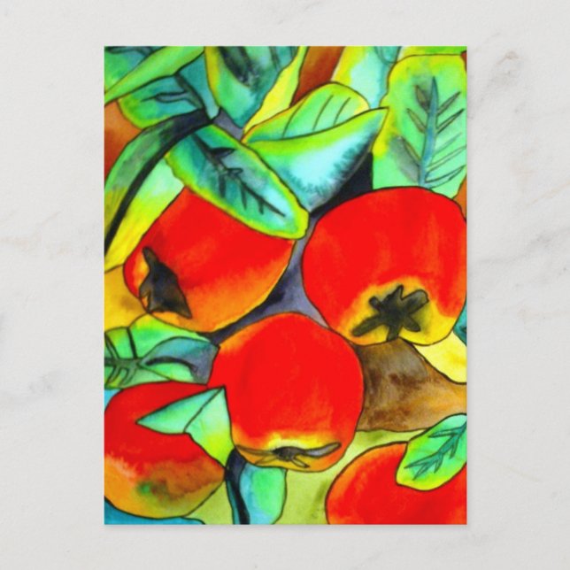 Röda äpplen, vattenfärg, originalmålning vykort (Framsida)