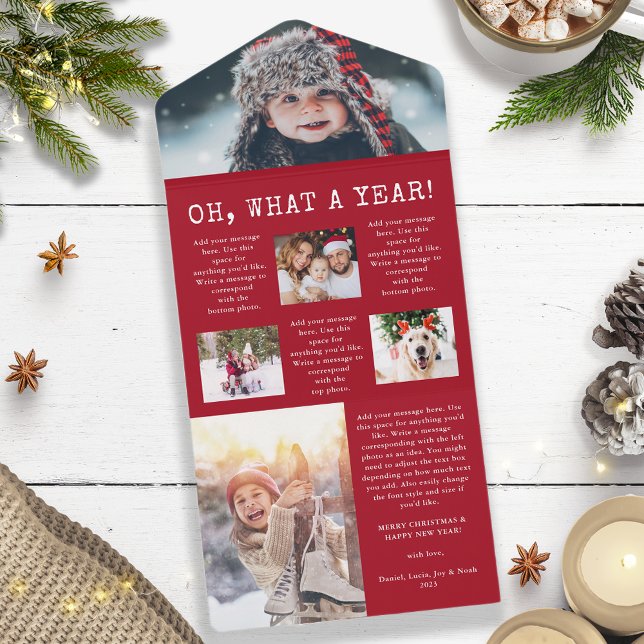 Röda Årsöversyn Trifold-kort (Oh, What A Year Photo Collage Red and White Holiday Christmas Card)