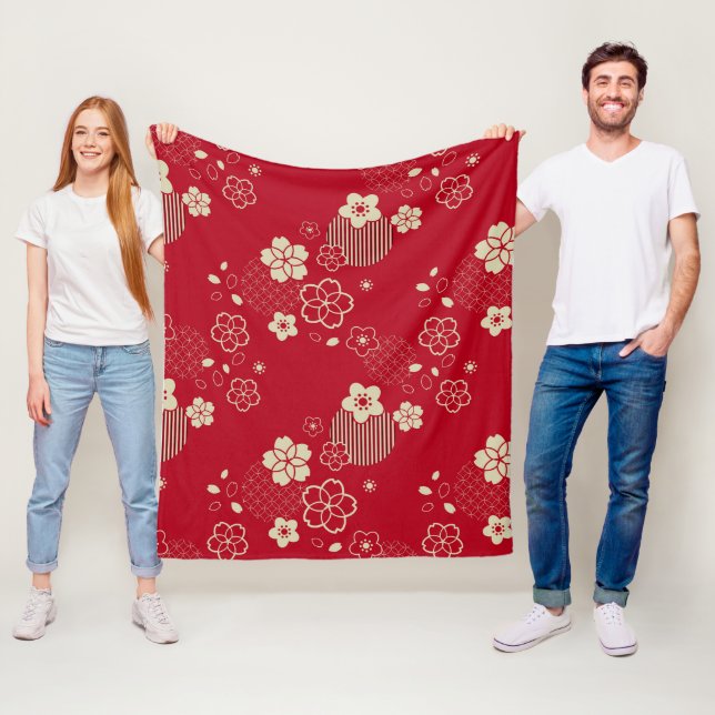 Röda asiatiska mönster med vår blommor fleecefilt (På plats)