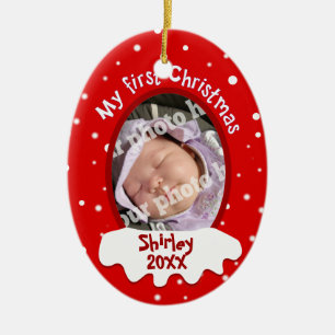 Röda baby tillfogar första jul ditt bildnamn julgransprydnad keramik