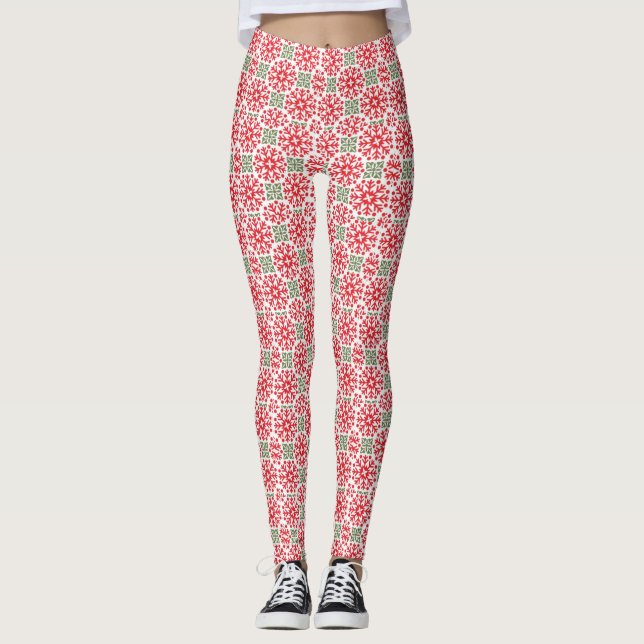 Röda baljväxter av arten Snowflake Mönster Leggings (Framsida)