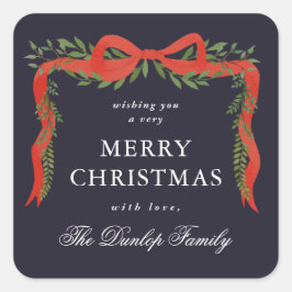 Röda band bow greenery jul presentkort fyrkantigt klistermärke
