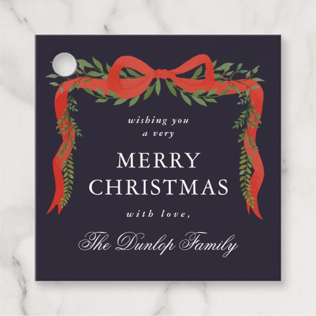 Röda band bow greenery jul presentkort gåvor etiketter (Framsida)