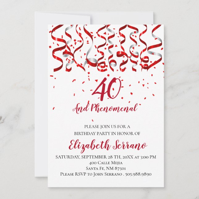 Röda band och konfetti 40:e födelsedagen Party Inbjudningar (Framsida)