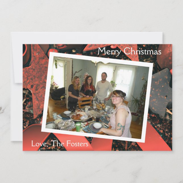 Röda band och trästjärnor Country jul foto Julkort (Framsida)