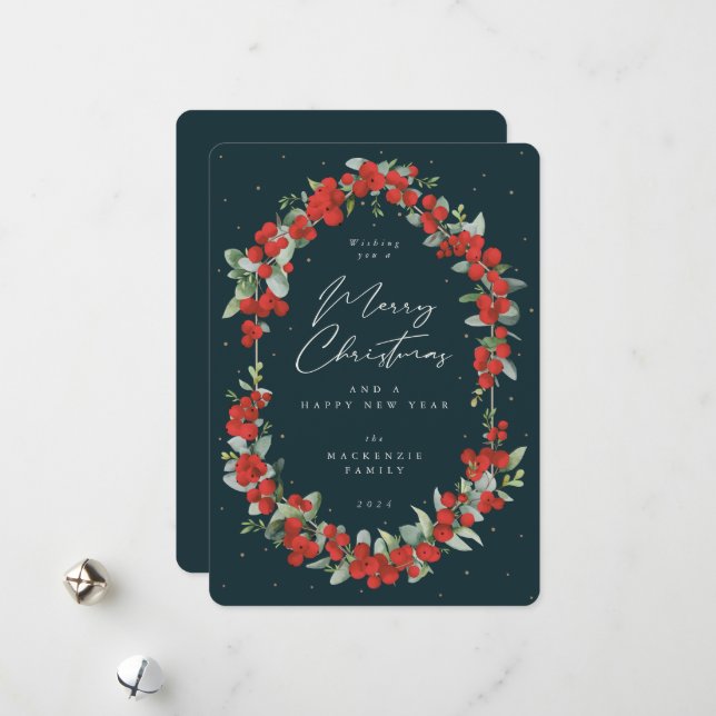 Röda bär + eukalyptus Botanisk ram jul Julkort (Fram/Back In Situ)