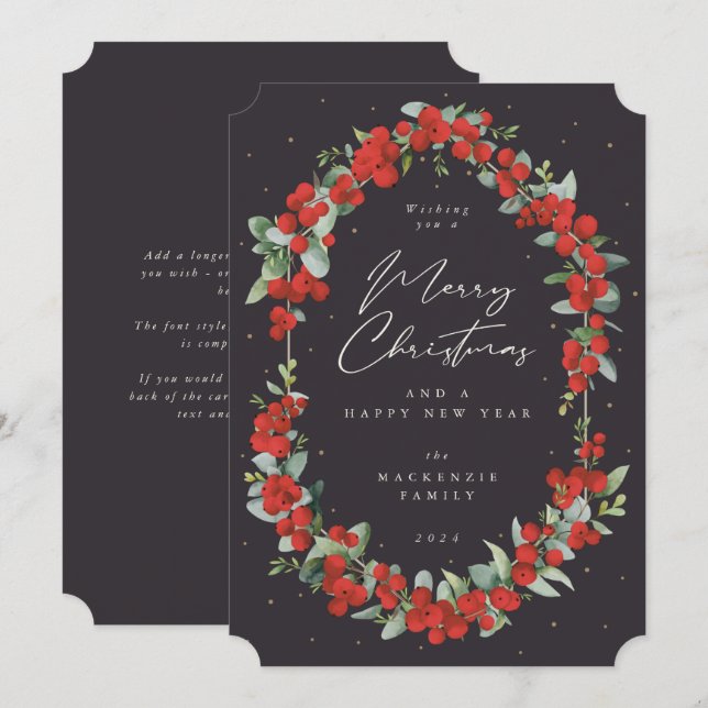 Röda bär + Eukalyptus Botanisk ram juldekoration Julkort (Fram/baksida)