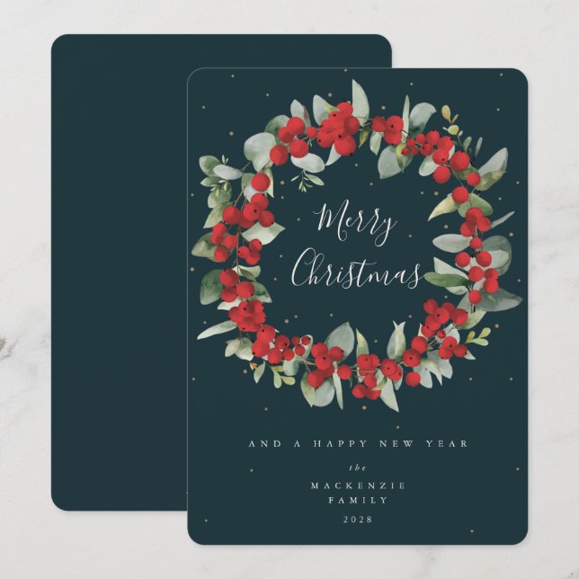 Röda Bär+Eukalyptus Julkrans Icke-Foto Julkort (Fram/baksida)