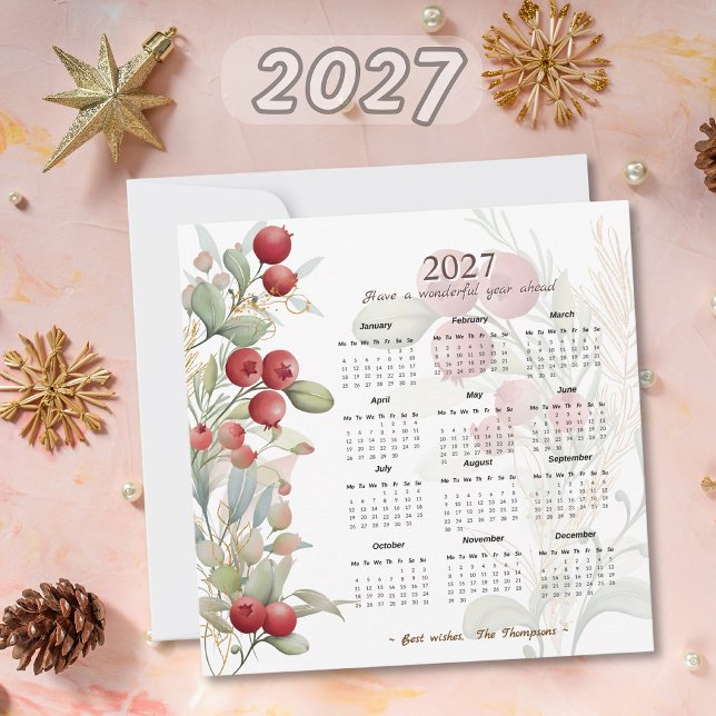 Röda Bär Grönska Elegant 2027 Kalender Julkort (Skapare uppladdad)