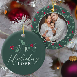 Röda bär grönt holly löv julfoto julgransprydnad keramik