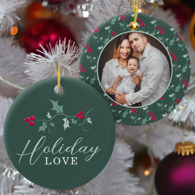 Röda bär grönt holly löv julfoto julgransprydnad keramik (Skapare uppladdad)