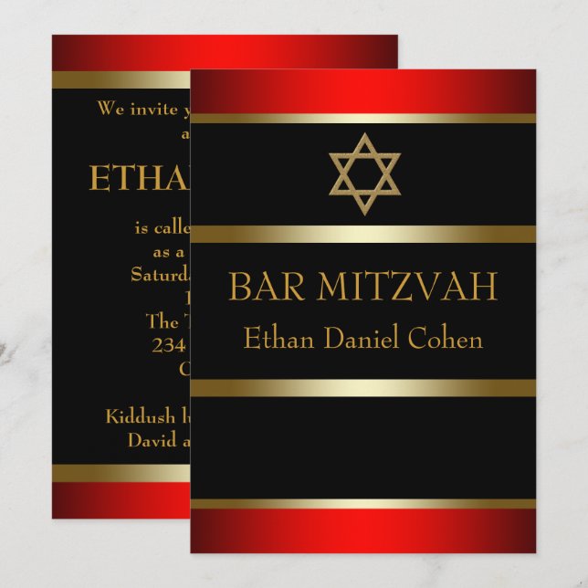 Röda Bar Mitzvah-inbjudningar Inbjudningar (Fram/baksida)