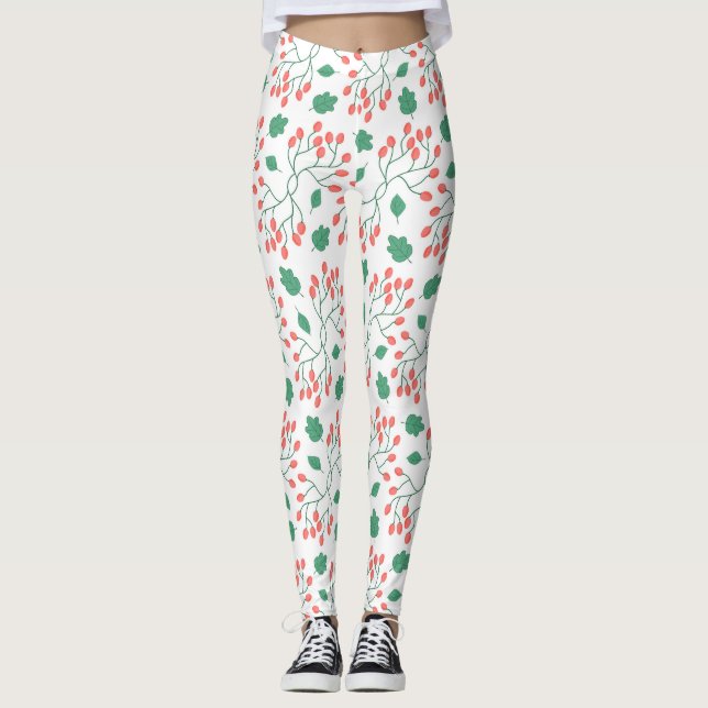 Röda bär och grönt löv mönster leggings (Framsida)