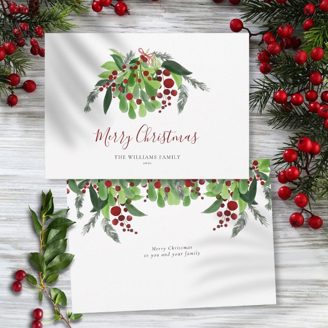 Röda Bär Vattenfärg Grönska Jul Julkort (Red Berries Watercolor Greenery Christmas Holiday Card)