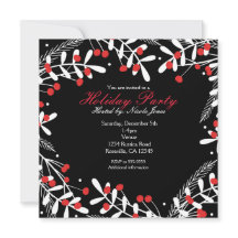 Röda bär & Vita blad Svart Holiday Party
