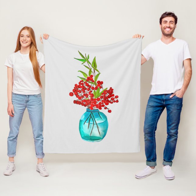 Röda berries vattenfärgskonst fleecefilt (På plats)