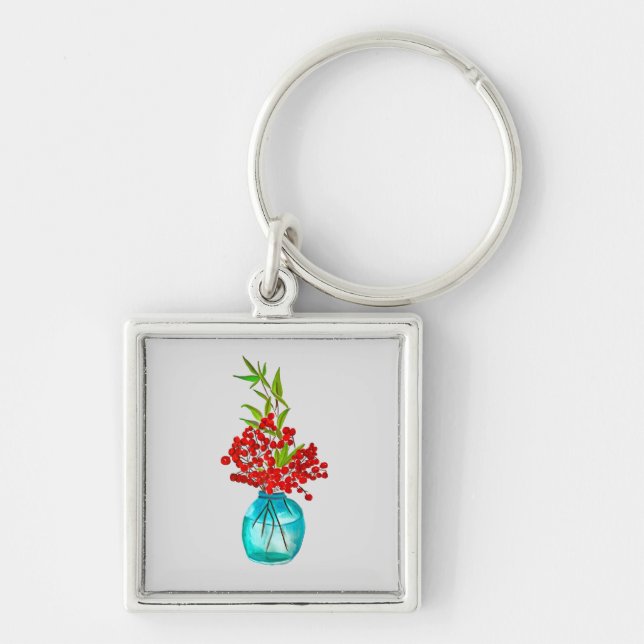 Röda berries vattenfärgskonst fyrkantig silverfärgad nyckelring (Framsidan)