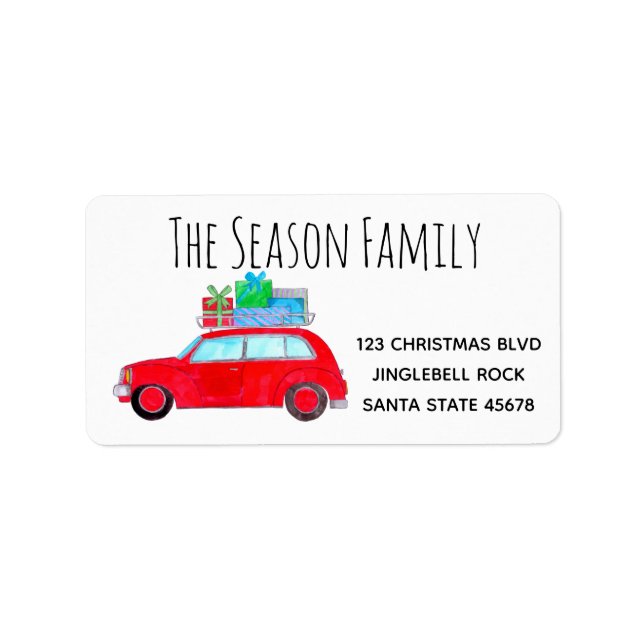 Röda bilar med julklappar adressetikett (Framsidan)