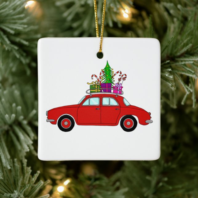 Röda bilar med julklappar julgransprydnad keramik (Träd)