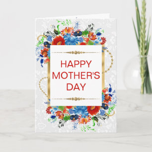 Röda Blå Blommor & Guld Glitter Mors Dag Kort