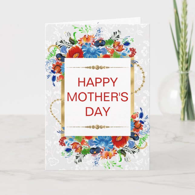 Röda Blå Blommor & Guld Glitter Mors Dag Kort (Framsida)