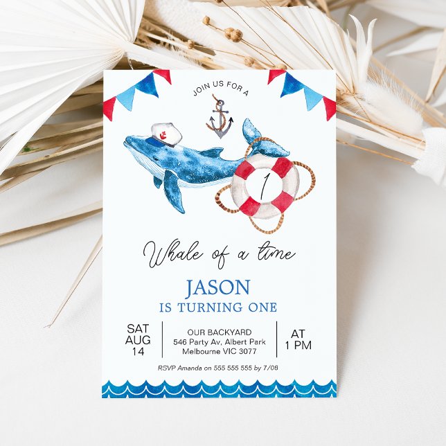 Röda blå bojval av en tid 1:a födelsedagen inbjudningar (Whale Themed 1st Birthday Invitation, Whale of a Time Birthday Invitation Baby Boy, Nautical Invite)