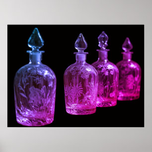 Röda+Blå Etsade Retro Glasflaskor för Parfym på Vä Poster