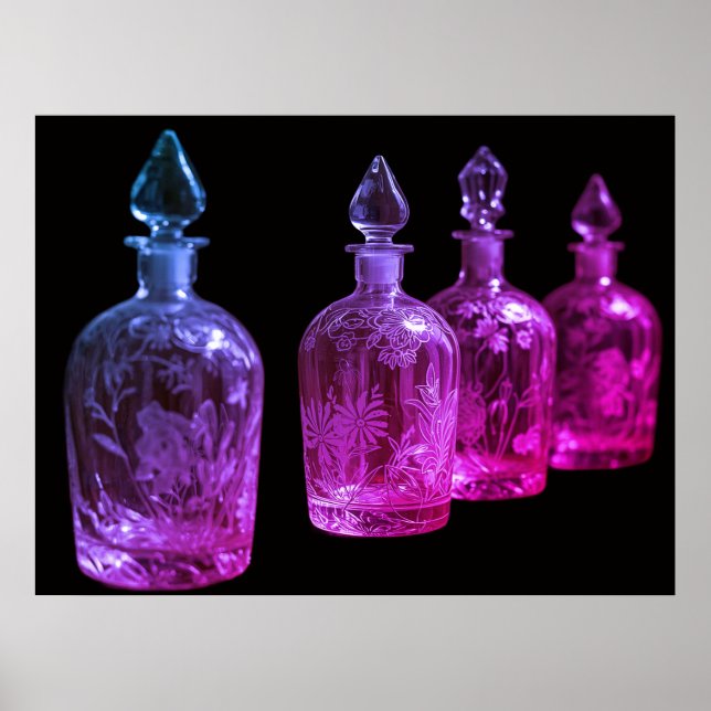 Röda+Blå Etsade Retro Glasflaskor för Parfym på Vä Poster (Framsidan)