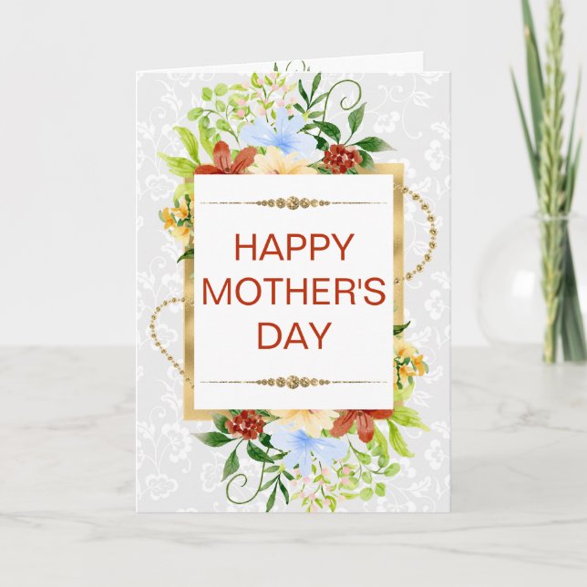 Röda Blå & Gula Blommor & Guld Mors Dag Kort (Framsida)