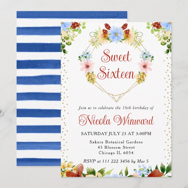 Röda, Blå Gula Blommor Hjärtkrans Sweet 16 Inbjudningar (Fram/baksida)