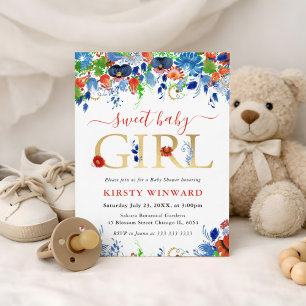 Röda, Blå och Gröna Sommarblommor Baby Shower Inbjudningar