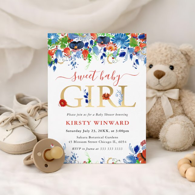 Röda, Blå och Gröna Sommarblommor Baby Shower Inbjudningar (Skapare uppladdad)