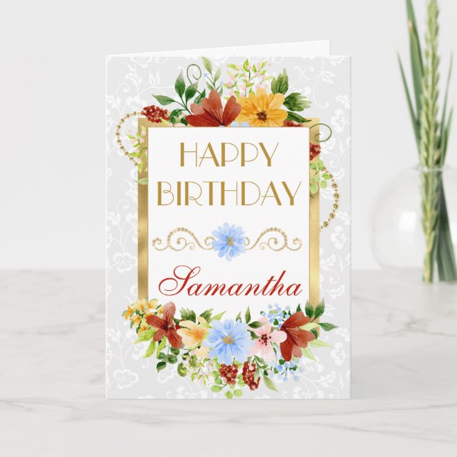 Röda, Blå och Gula Sommarblommor Guld Födelsedag Kort (Framsida)