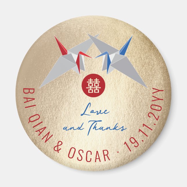 Röda & Blå Pappers Tranor Asiatiskt Bröllop Presen Magnet (Framsidan)