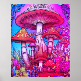 Röda + Blå + Rosa Whimsical Svamp På En Vägg Poster