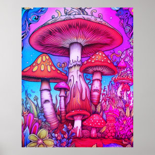 Röda + Blå + Rosa Whimsical Svamp På En Vägg Poster
