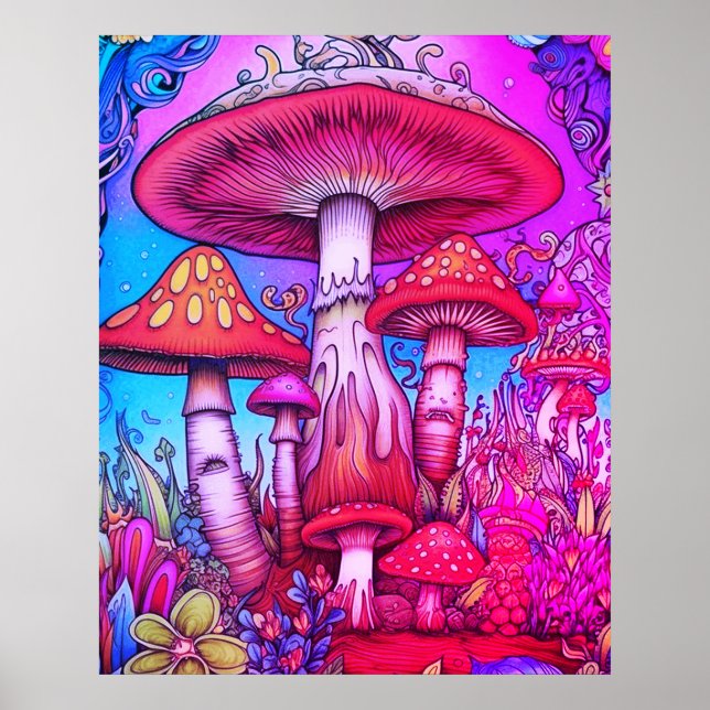 Röda + Blå + Rosa Whimsical Svamp På En Vägg Poster (Framsidan)