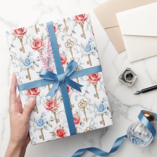Röda Blå Rosor Guld Nycklar Bröllopsdusch Presentpapper (Gifting)