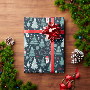 Röda Blå Snögubbar Julgranar Mörkt Mönster Present Presentpapper