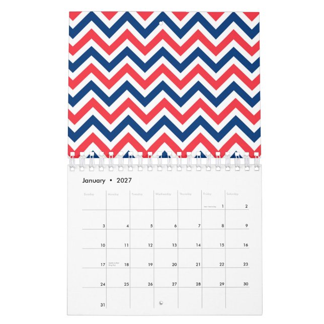 Röda Blå Vita Sicksacklinjer Geometrisk Baseboll Kalender (Jan 2027)