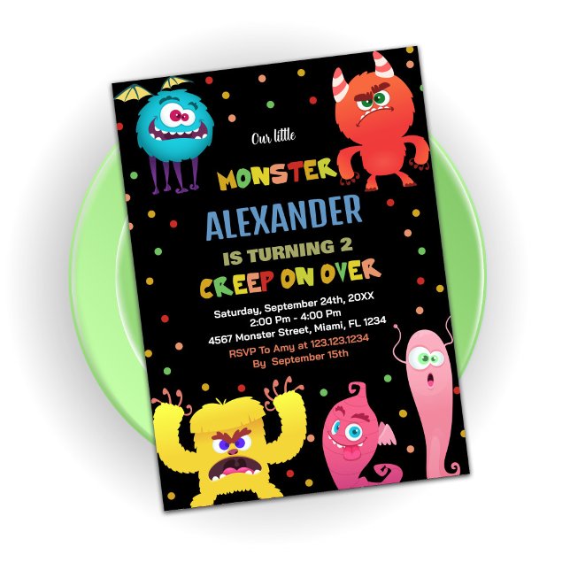 Röda blått blått i måndags-inbjudningar inbjudningar (Monster Birthday Invitations Red Blue)