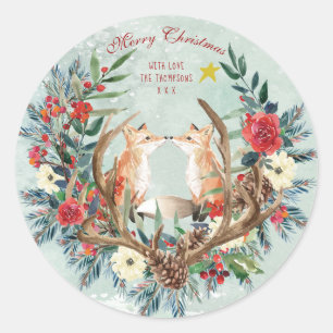 Röda blom- vinterrävar för god jul runt klistermärke