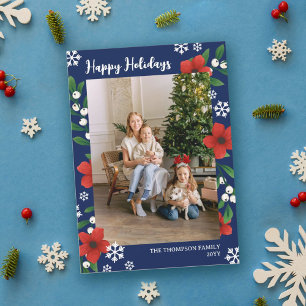 Röda Blommiga Bär Snöflingor God Jul Fotografi Julkort