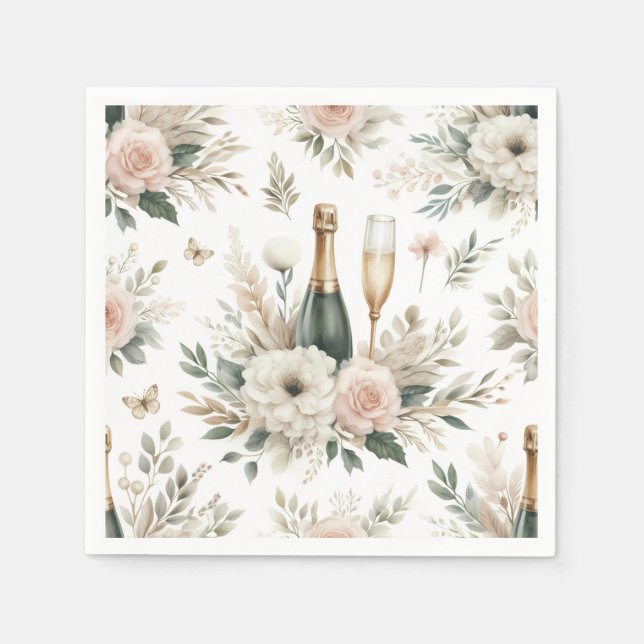 Röda blommiga champagnejservetter pappersservett (Framsidan)