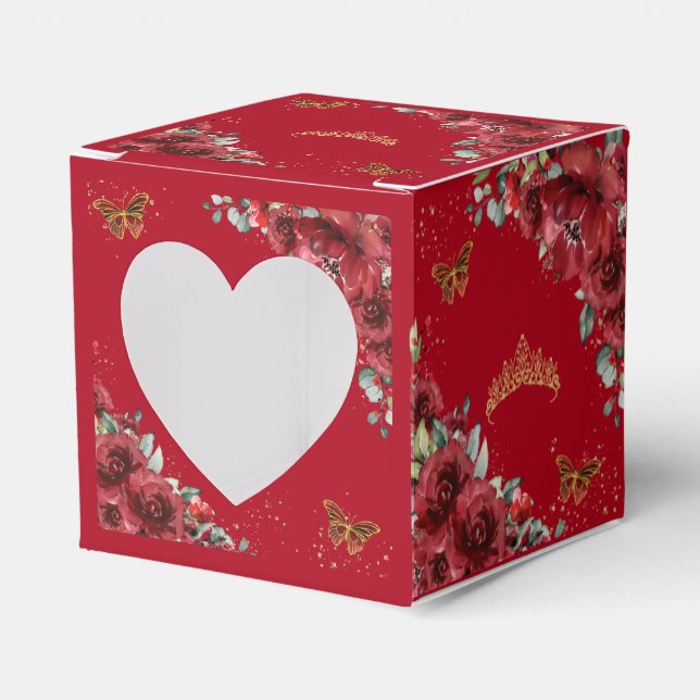 Röda Blommiga Guld Fjärilar Quinceanera 15 XV Mini Presentaskar (Framsidan Sidan)