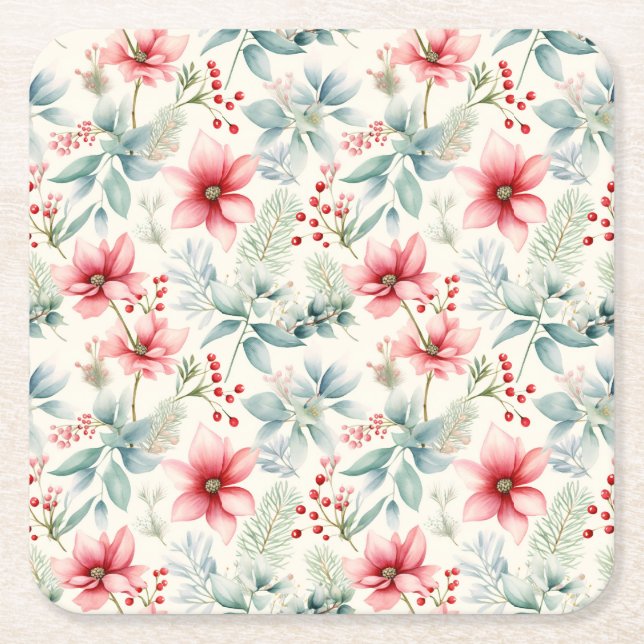 Röda Blommiga Julpapper Underlägg Papper Kvadrat (Framsidan)