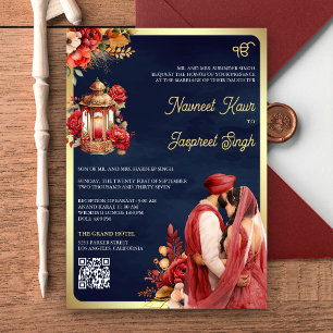 Röda blommiga Navy QR-kod Anand Karaj Sikh-bröllop Inbjudningar
