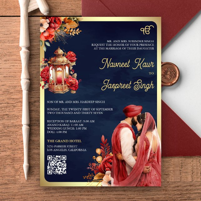 Röda blommiga Navy QR-kod Anand Karaj Sikh-bröllop Inbjudningar (Skapare uppladdad)